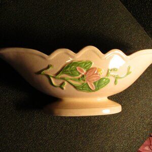 Vintage Large HULL POTTERY CONSOLE BOWL Pink Glazed Rose & Magnolia Patterns